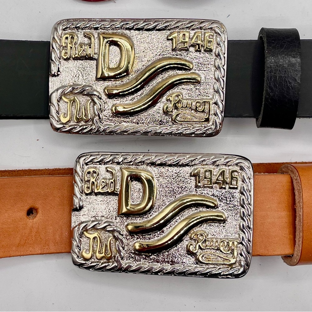 Black and Tan Leather Belt with Silver and Gold Buckle